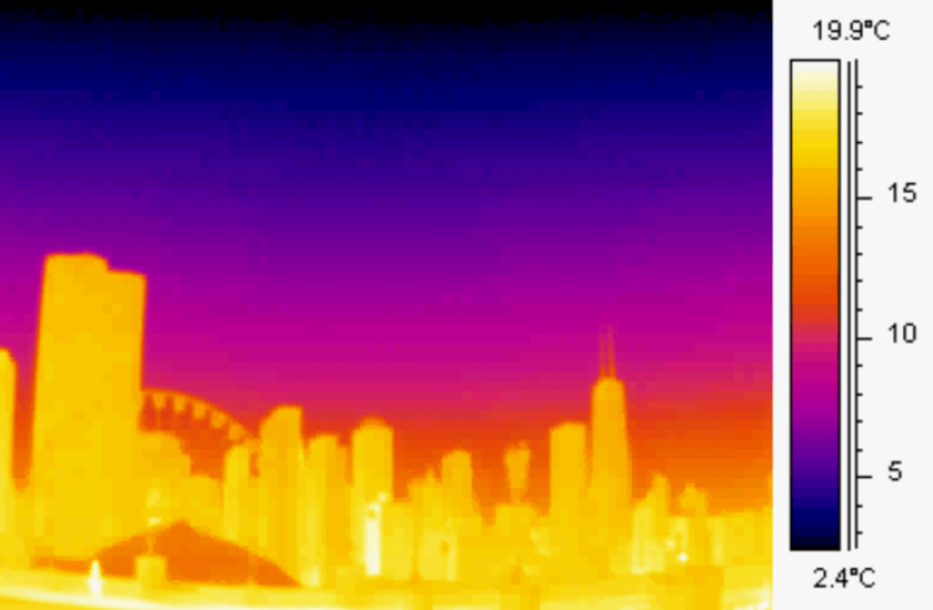 Infrared image showing buildings radiating heat in downtown Chicago